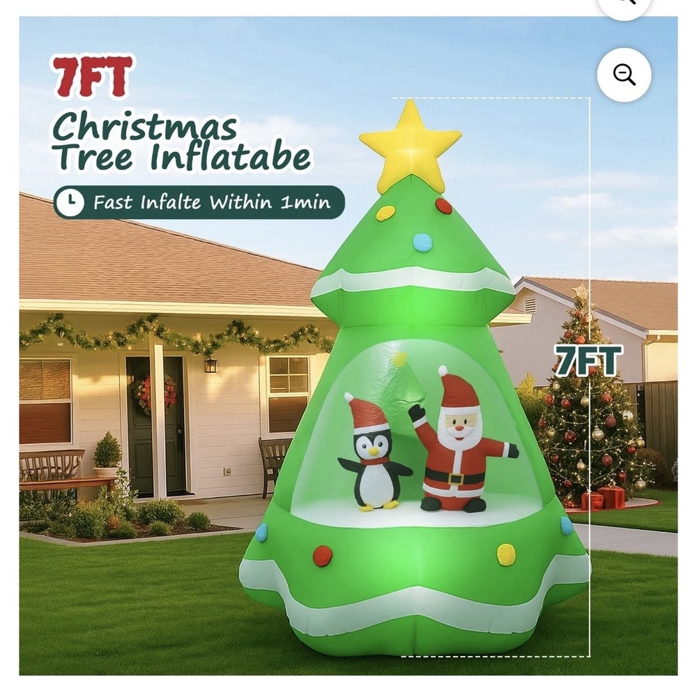 7FT Large Outdoor Inflatable Christmas Tree with Santa Claus and Penguin
